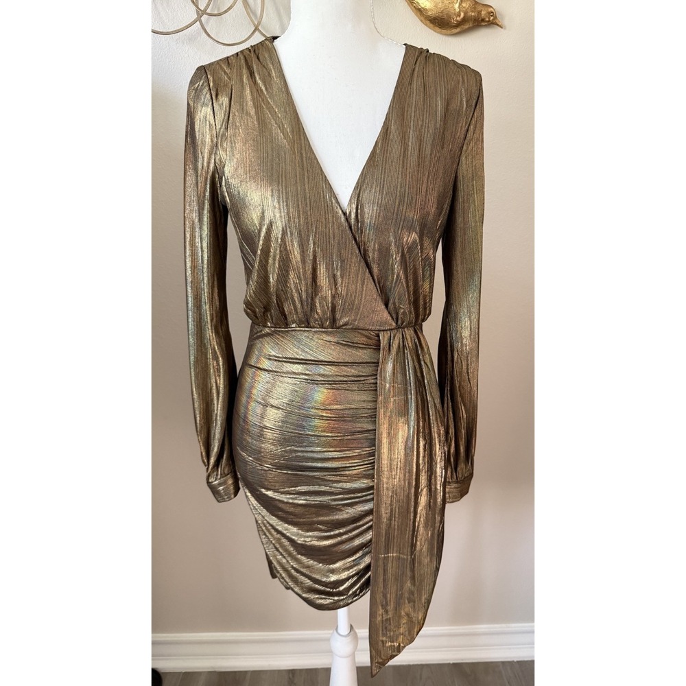 Entry Bronze Metallic Faux Wrap Mini Dress Long Sleeve Ruched Size Small